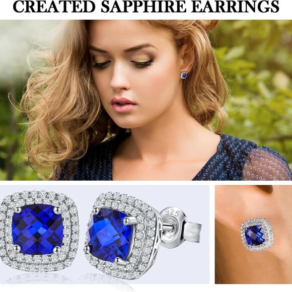 Sapphire Earrings Cushion Cut Women | 925 Sterling Silver | September Birthstone - Picture 3 of 6